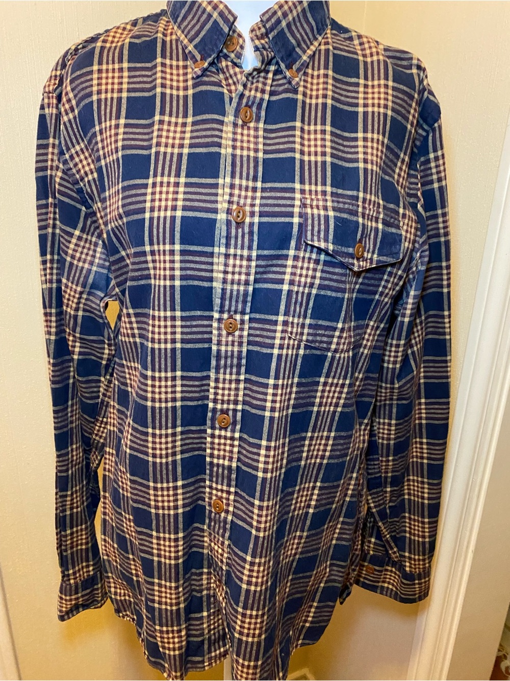 Brooks Bros Red Fleece, Navy, Red and Cream Plaid Button-Down Shirt size M